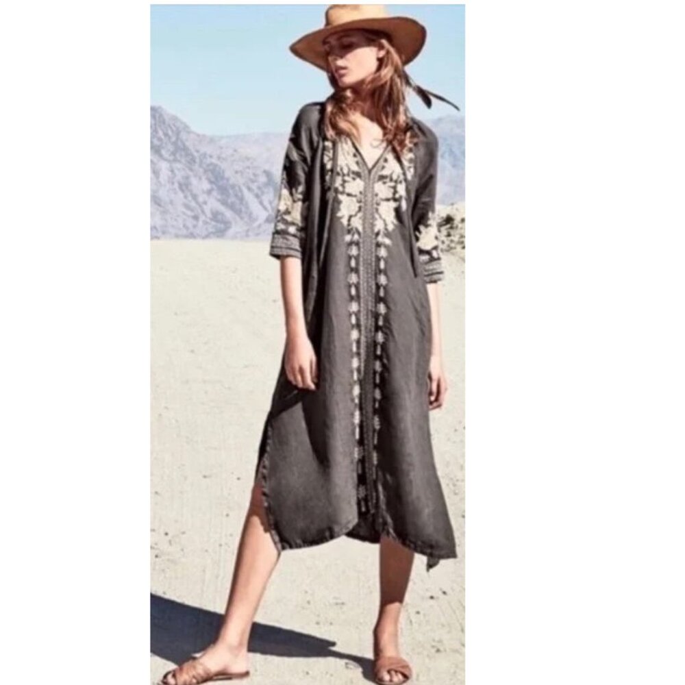 Johnny Was 100% Linen Embroidered Belted Dress Sz-L Gray